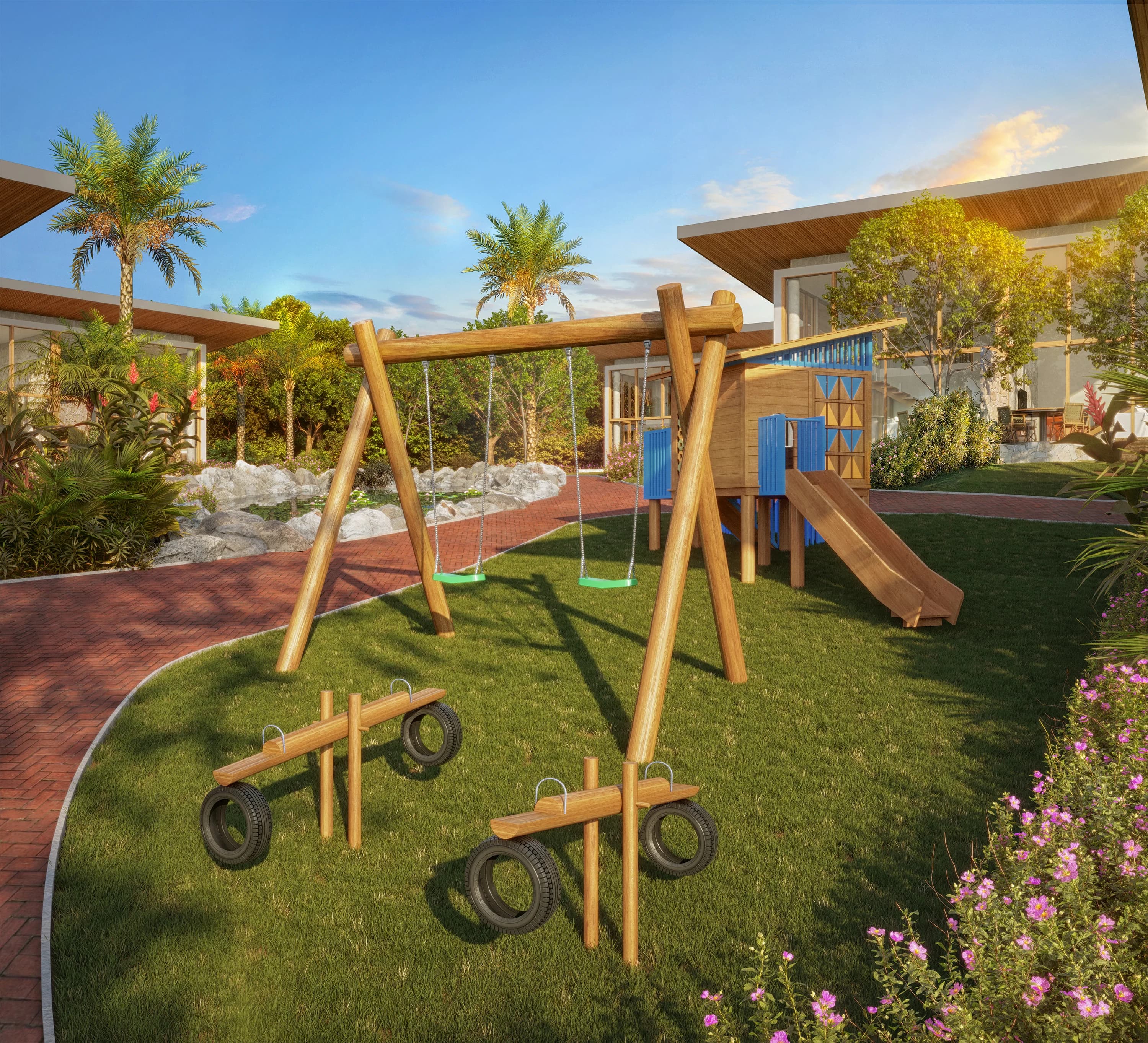 Perspectiva do playground em madeira entre jardins do Alameda das Artes