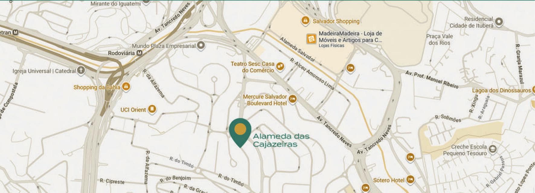 Mapa ilustrativo com referência à Alameda das Cajazeiras, localização do Arvoredo Residencial