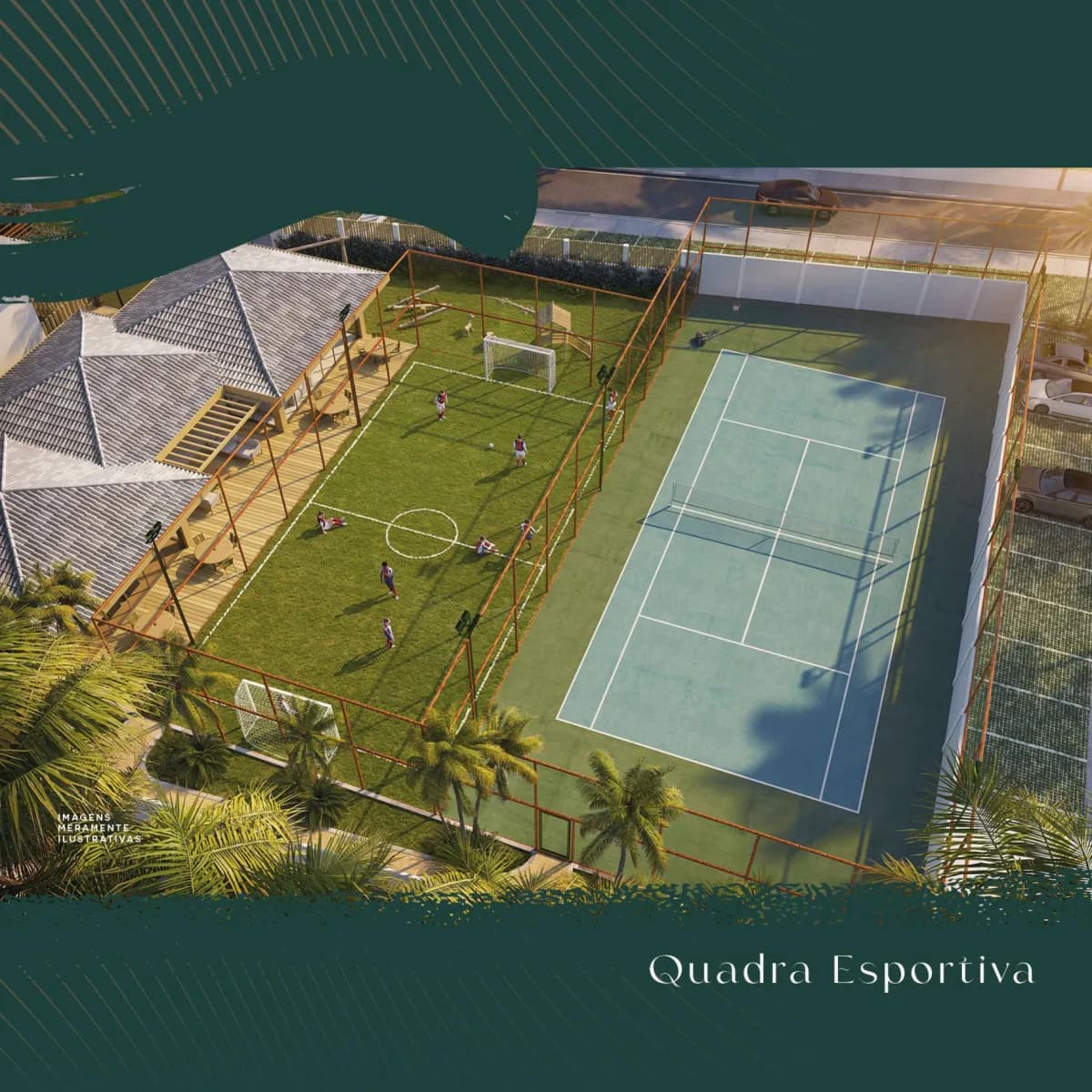 Perspectiva ilustrativa da quadra esportiva do Porto Itacimirim Residence