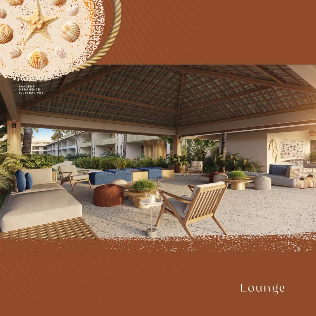 Perspectiva ilustrativa do lounge aberto entre os blocos do Porto Itacimirim Residence