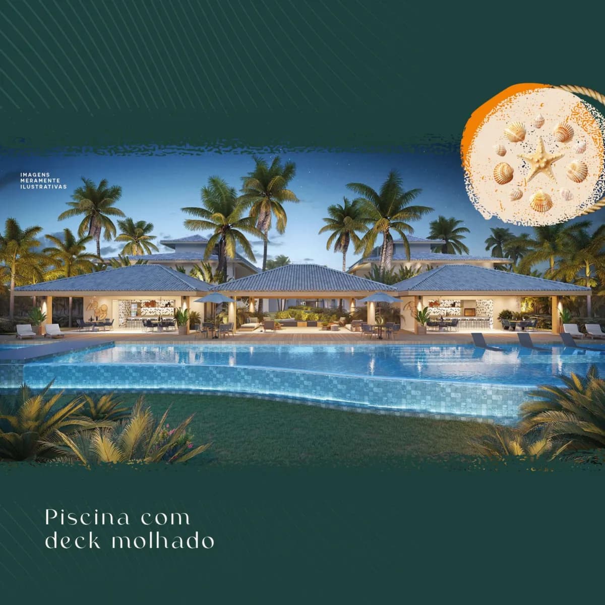 Perspectiva ilustrativa da piscina com deck molhado do Porto Itacimirim Residence