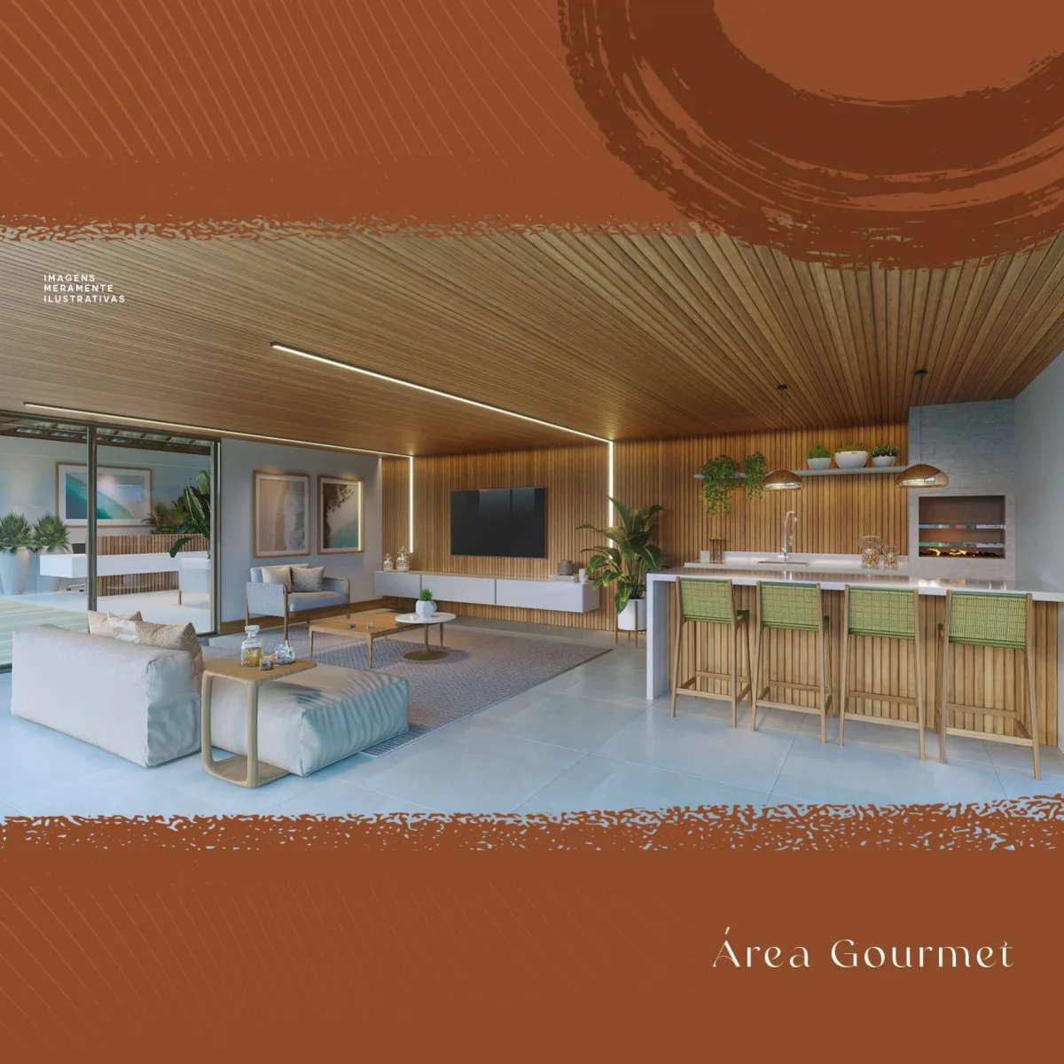 Perspectiva ilustrativa da área gourmet do Porto Itacimirim Residence