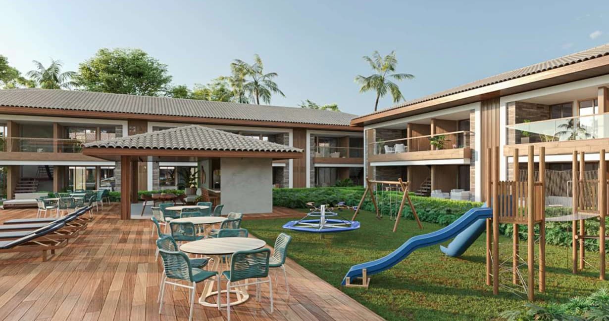 Perspectiva do parque infantil com brinquedos e área de convivência