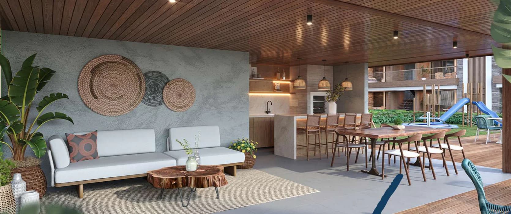 Perspectiva do quiosque com área gourmet, mesas e espaço de convivência
