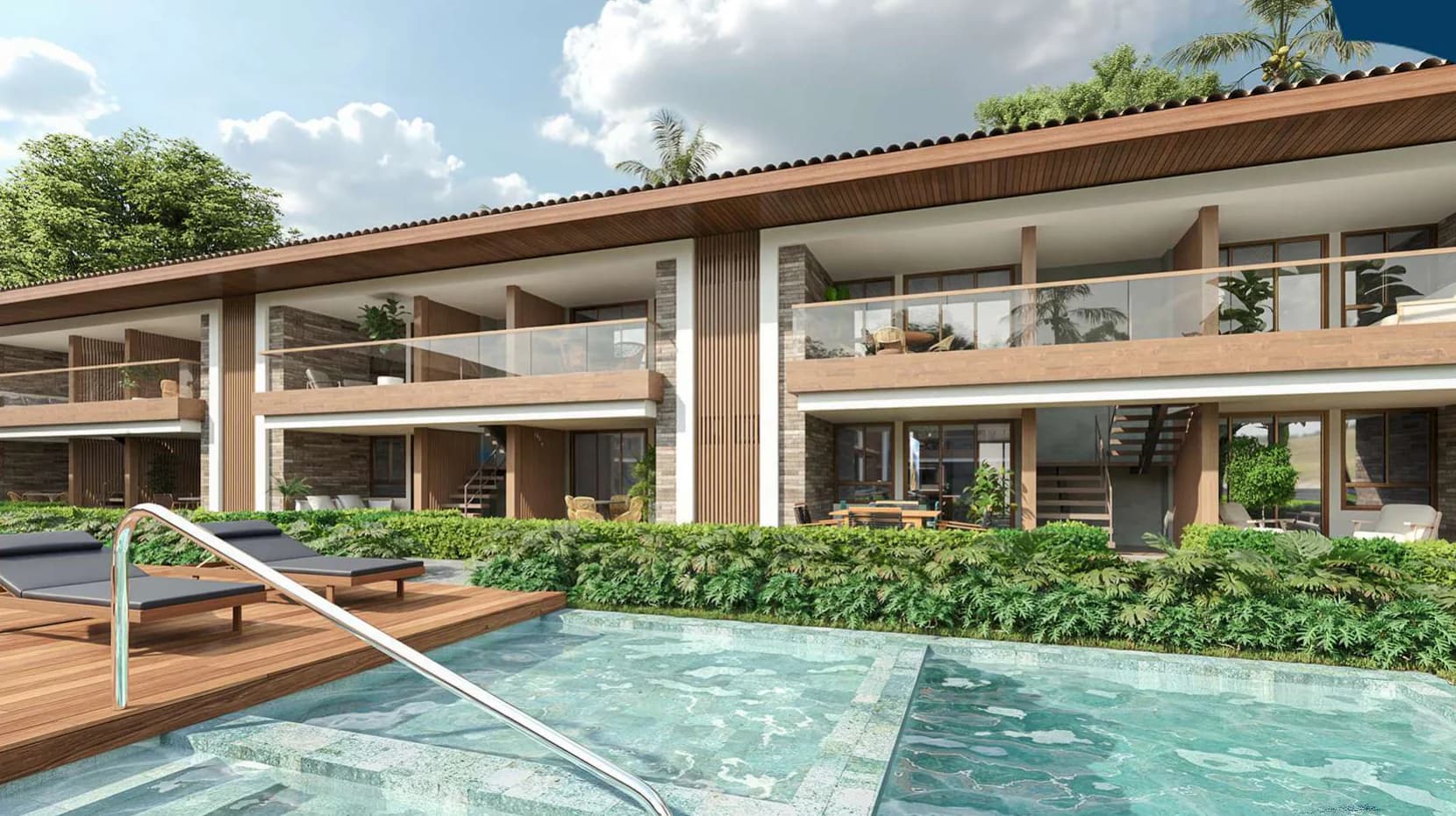 Reserva do Sol — piscina e fachadas dos apartamentos em Itacimirim